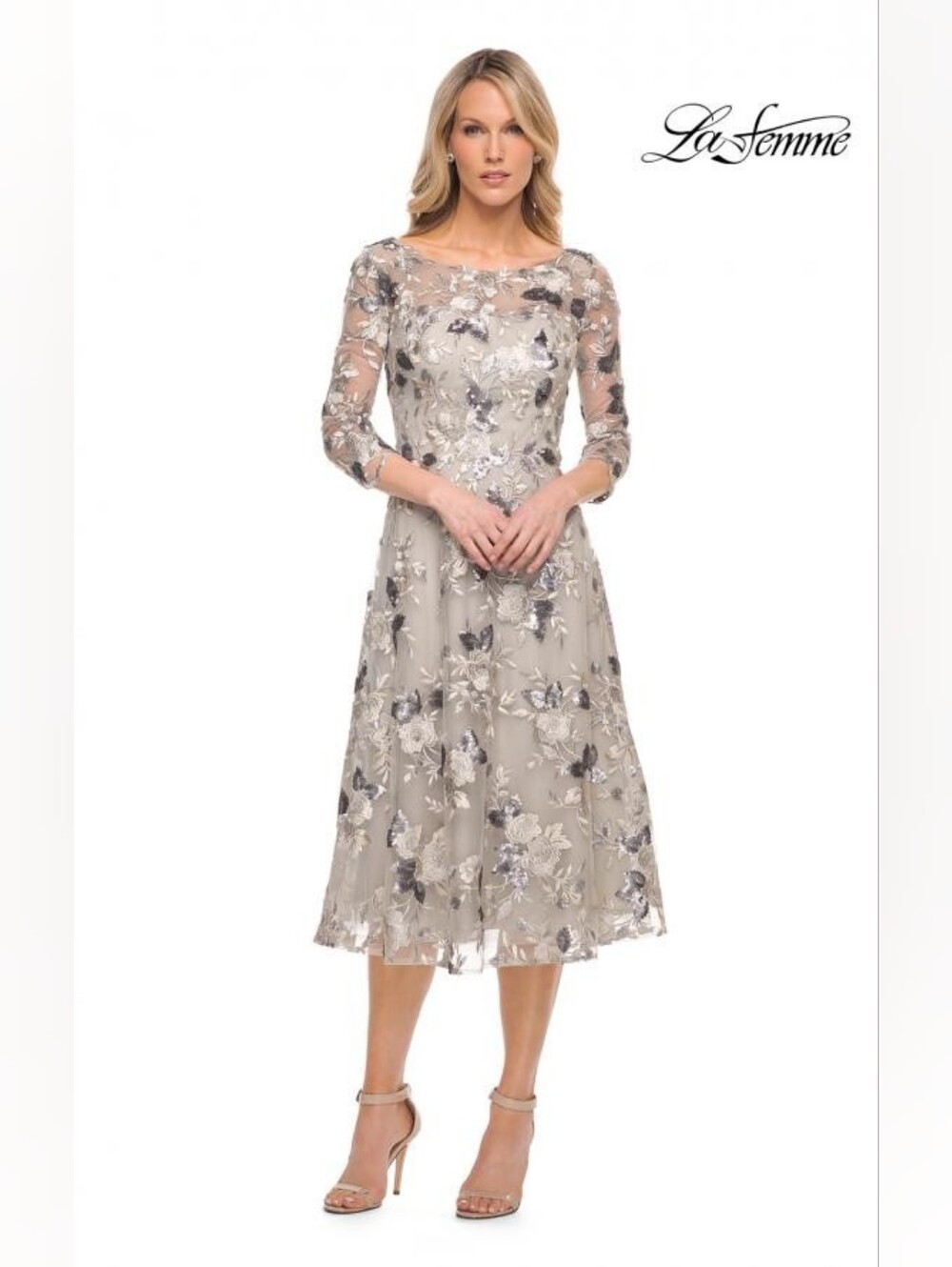 La Femme Silver Floral Embroidered Midi Dress